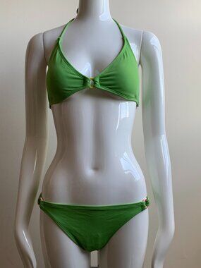 billabong solid green ring halter top bikini